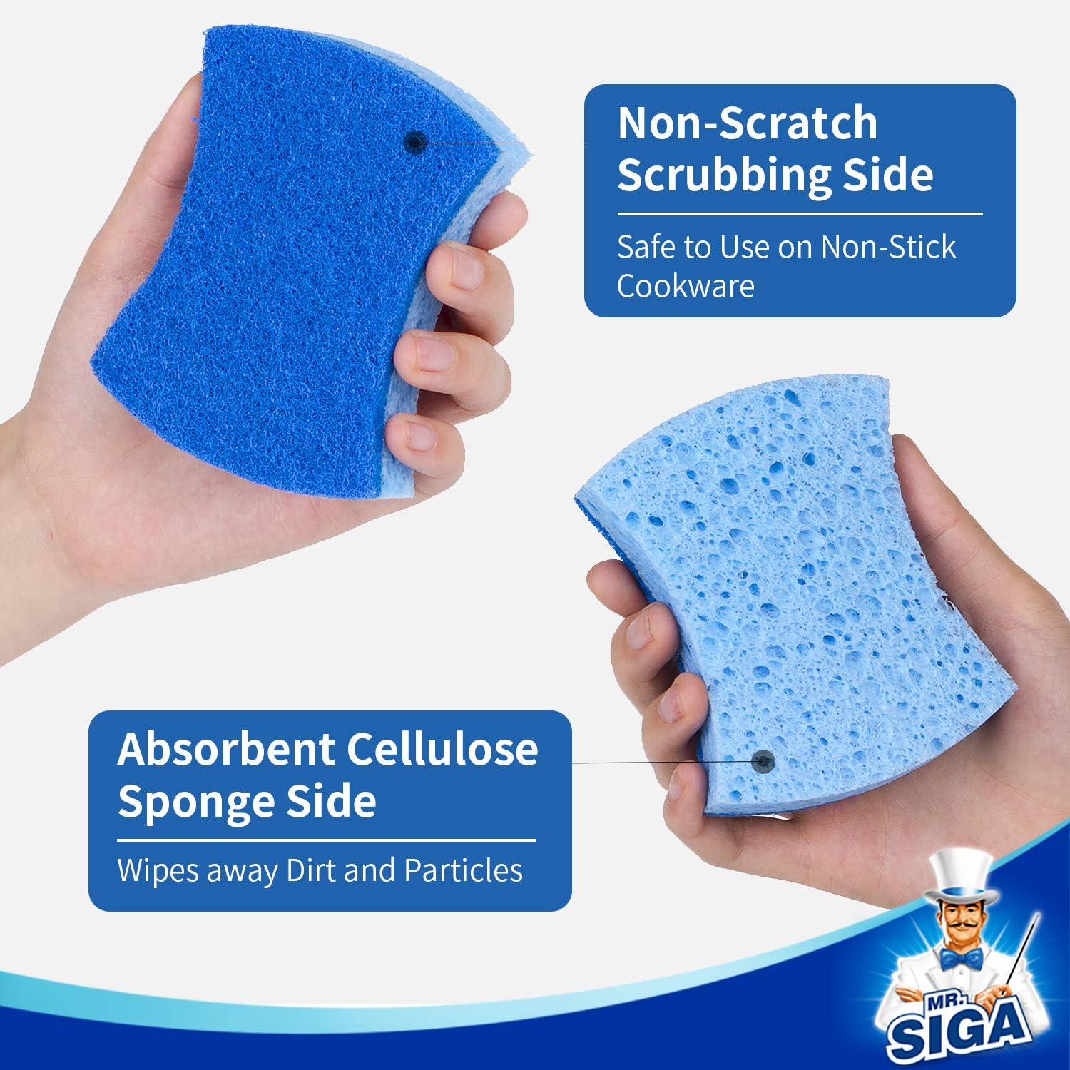 MR.SIGA Non-Scratch Cellulose Scrub Sponge, Dual-Sided Dishwashing Sponge for Kitchen, 12 Pack-3