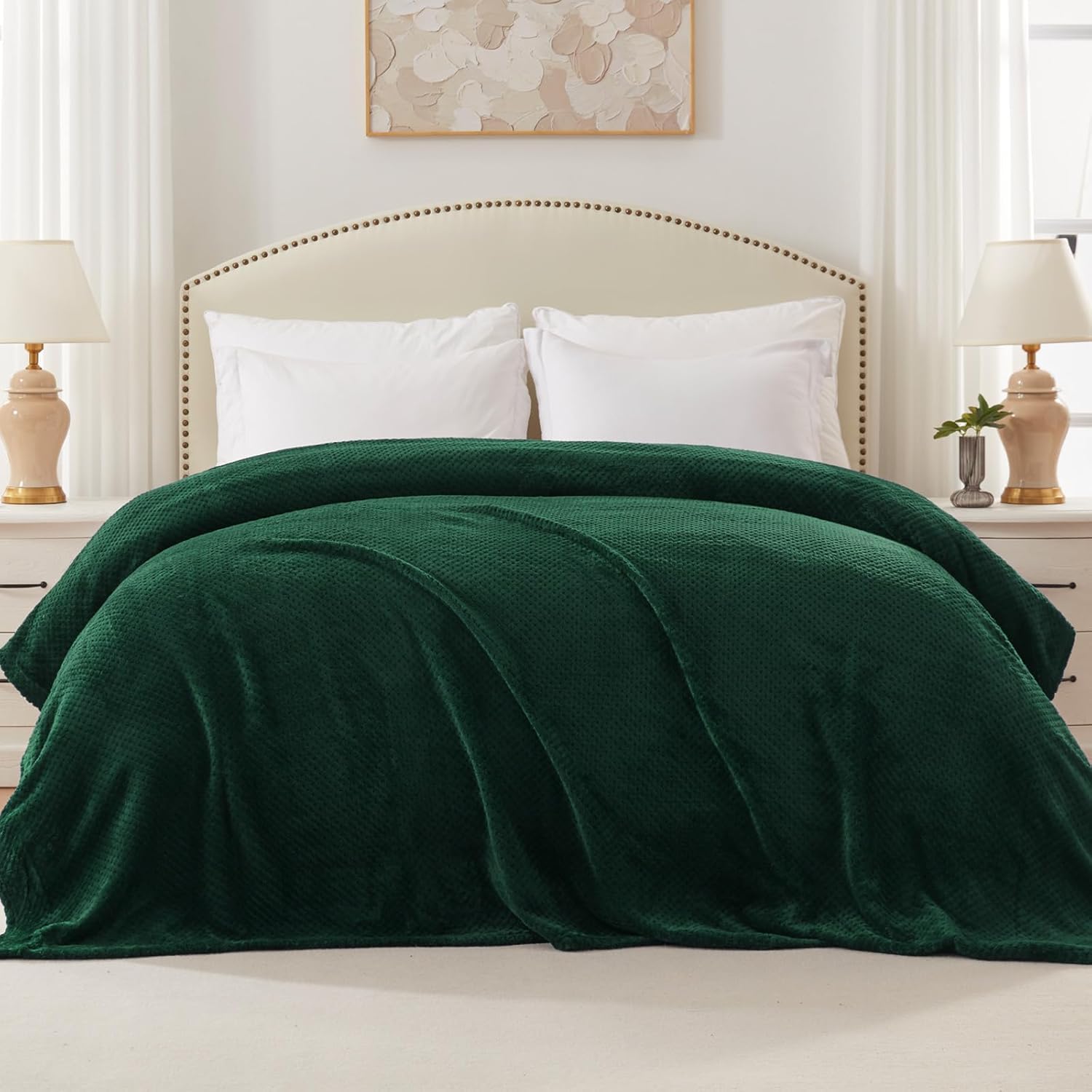 Exclusivo Mezcla King Size Fleece Bed Blanket, 230x265 CM Soft Jacquard Weave Waffle Pattern Blankets for Bed Settees, Forest Green Blanket-3