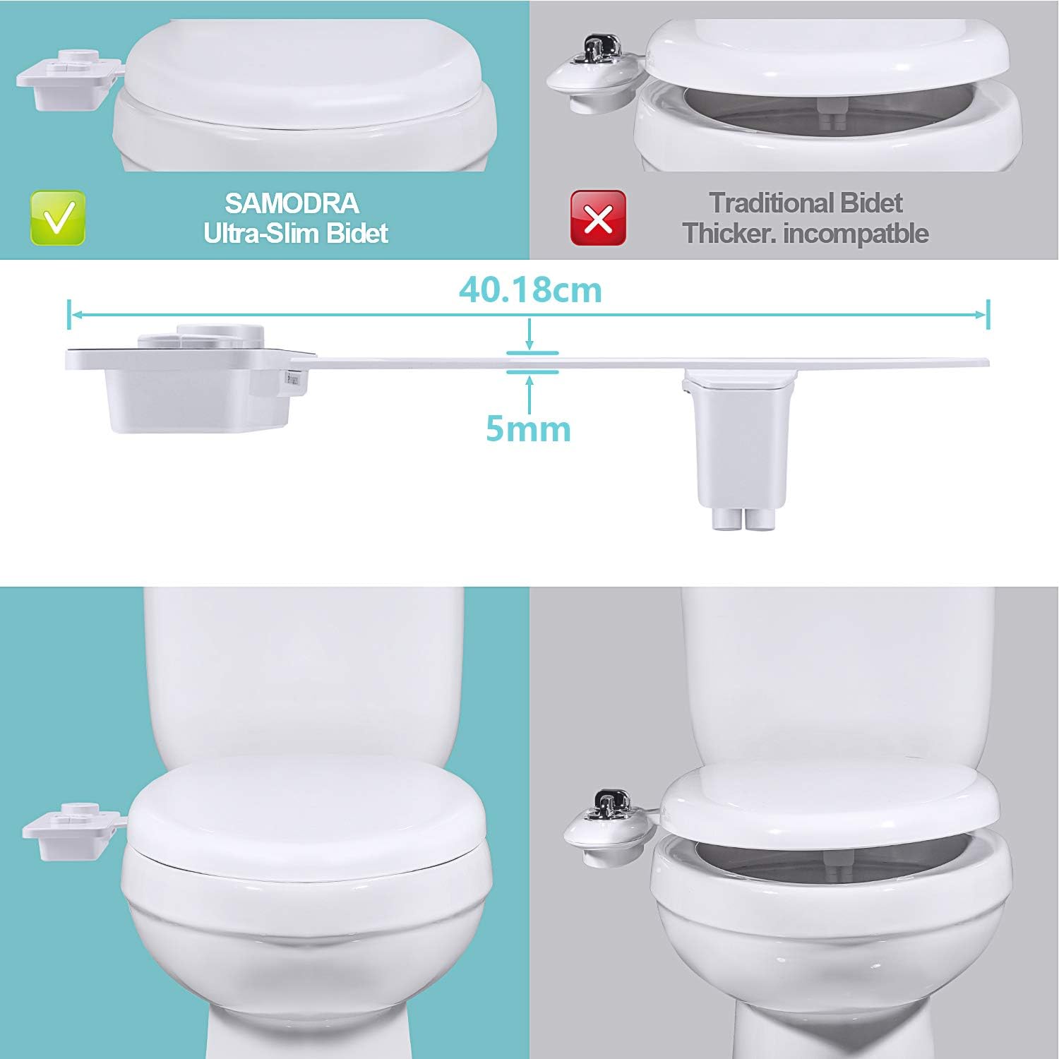 Bidet Attachment for Toilet UK- SAMODRA Non-Electric Cold Water Bidet Toilet Seat Attachment with Pressure Controls,Retractable Self-Cleaning Dual Nozzles for Frontal & Rear Wash - White-3