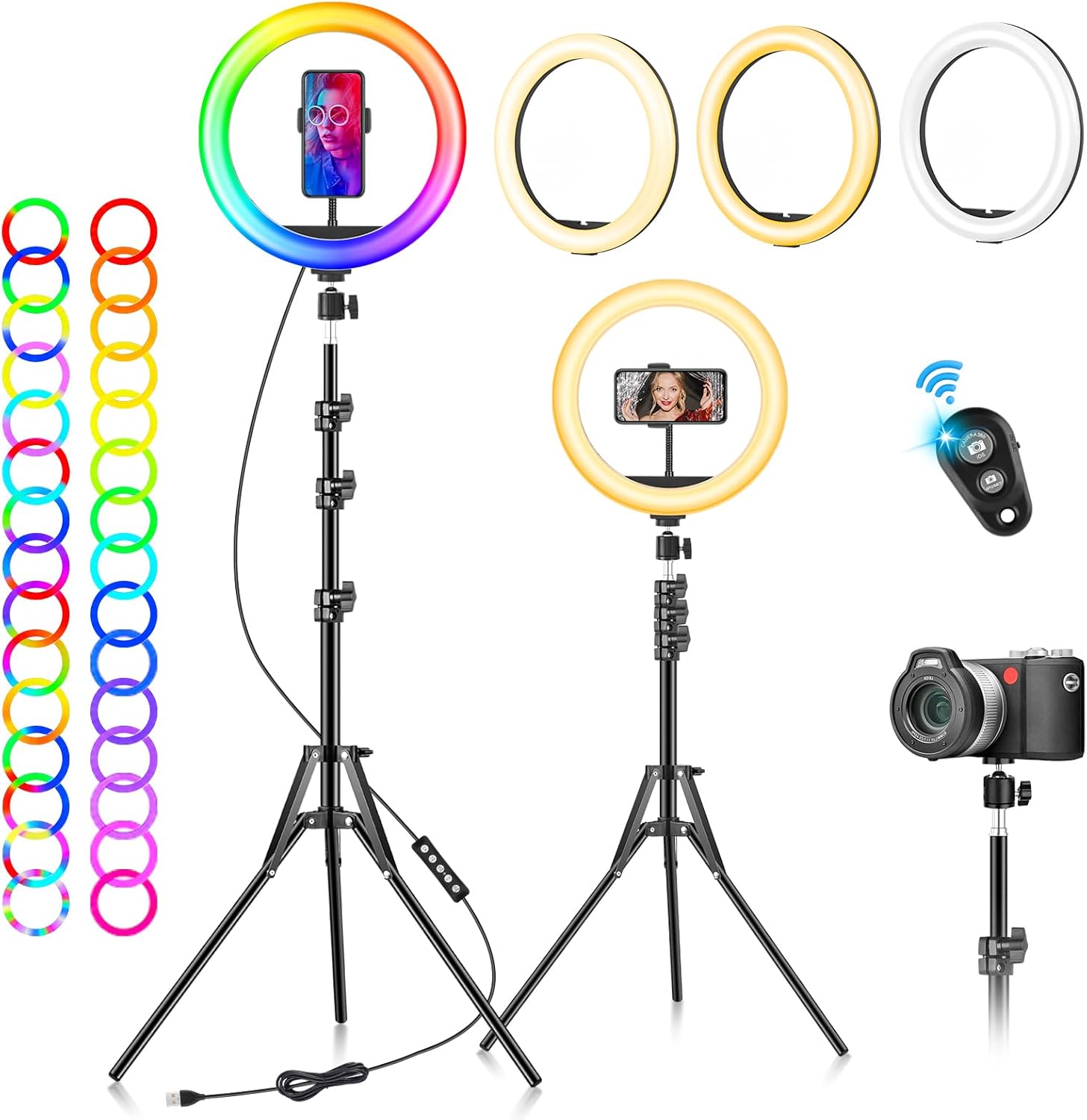 Ring Light with Tripod Stand & Phone Holder - 10 inch Selfie LED Ringlight Dimmable Desktop Lamp 40 Colors RGB Tall Circle Light for Camera Makeup Video YouTube Live Streaming Zoom Meeting-0