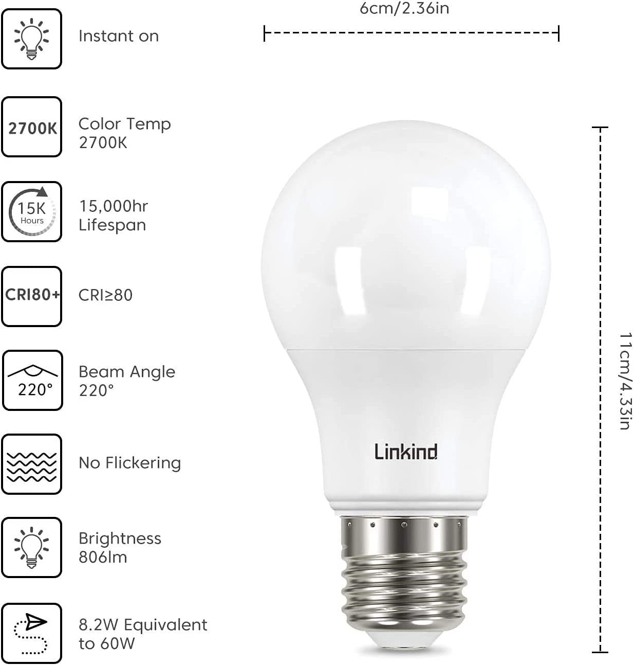 Linkind LED E27 Screw Bulb, 8.2W (60W Equivalent), Warm White 2700K A60 Edison Screw Bulb, Energy Saving Light Bulbs,806 Lumens, Frosted, ERP, CE Certified,Non-Dimmable, Pack of 6-1