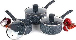 Russell Hobbs COMBO-4838A Nightfall Stone Saucepan Set, 3 Piece Collection, 16/18/20 cm, for All Hob Types Including Induction, Comfortable Bakelite Handle, Tempered Glass Lids, Blue Marble Aluminium