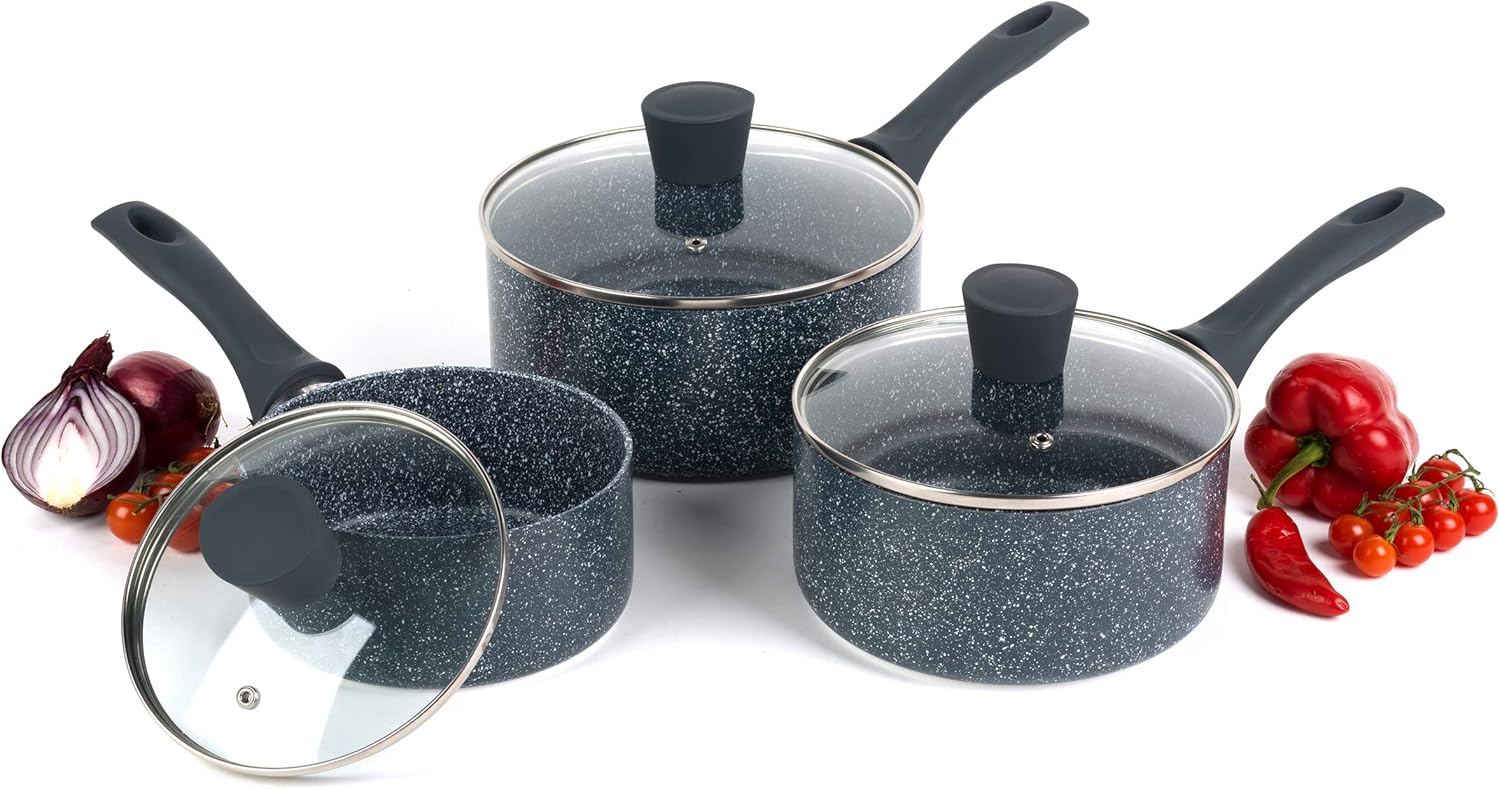 Russell Hobbs COMBO-4838A Nightfall Stone Saucepan Set, 3 Piece Collection, 16/18/20 cm, for All Hob Types Including Induction, Comfortable Bakelite Handle, Tempered Glass Lids, Blue Marble Aluminium-0