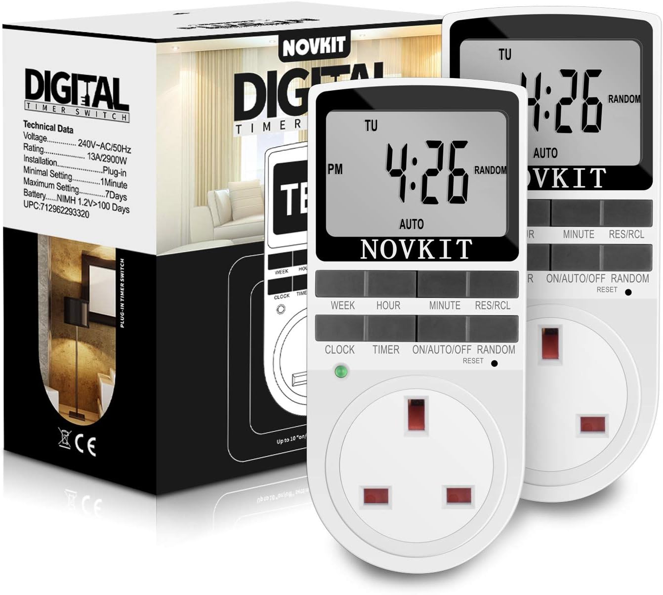 2 x NOVKIT Digital Security Timer Plug Socket Programmable Switch Timer with 10 ON-Off Programs and Random Mode for Home and Indoor (230V, 13A, 2900W)-0