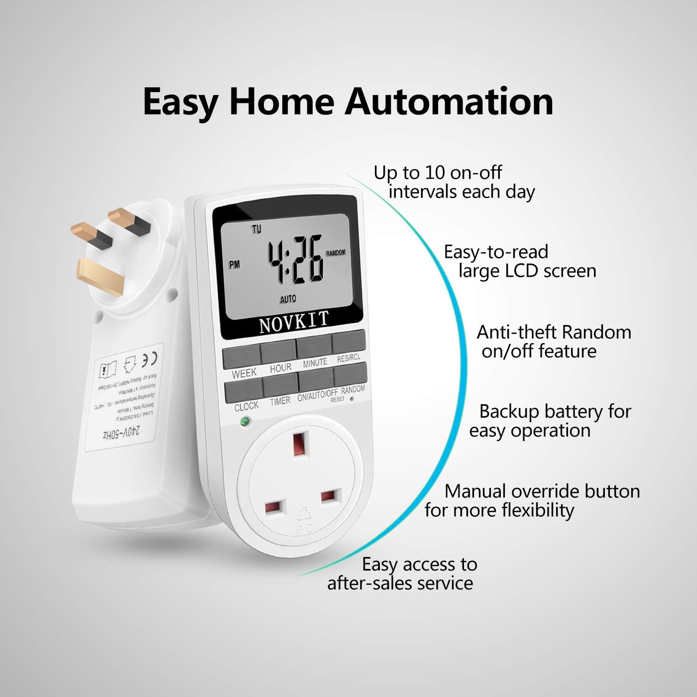 2 x NOVKIT Digital Security Timer Plug Socket Programmable Switch Timer with 10 ON-Off Programs and Random Mode for Home and Indoor (230V, 13A, 2900W)-1