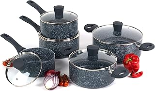 Russell Hobbs® COMBO-4843A Blue Marble Non-Stick Saucepan and Stock Pot Set, 16/18/20/24 cm, 5 Piece, Induction Hob Suitable, Cook with Less Oil, Soft Bakelite Handles