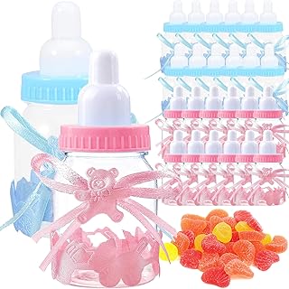 MINGZE 24pcs Candy Bottle Baby Shower, Mini Gift Box Fillable Feeder Style with Bear for Party Favors Holy Communion Supplies Boy Girl Newborn Infant Baptism Christening Birthday Decoration(Pink+blue)