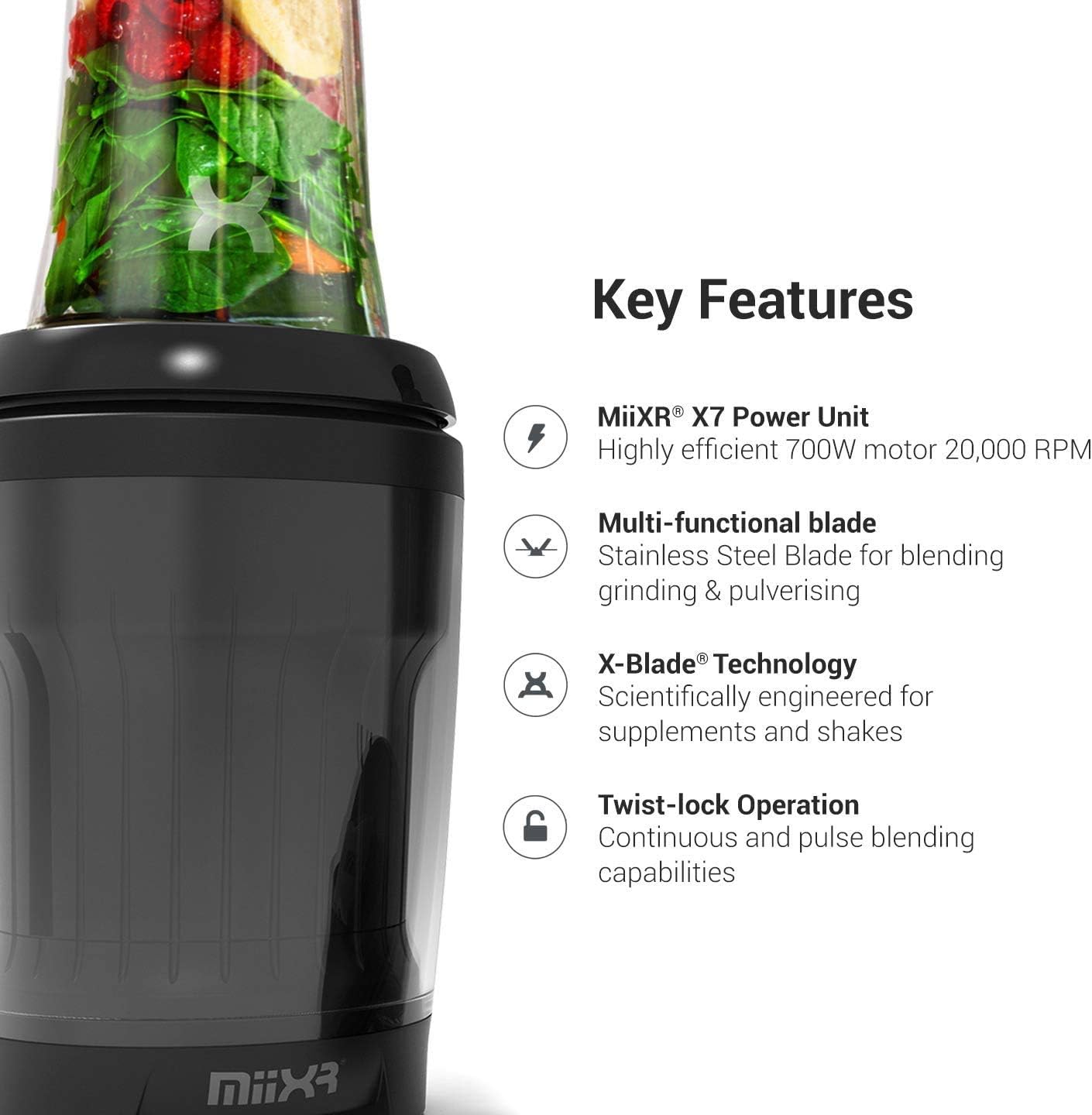 Promixx MiiXR X7 Smoothie Blender - with Performance Nutrition Protein Mixer X-Blade - Highly Efficient 700W - 7 Piece Set - Black-1