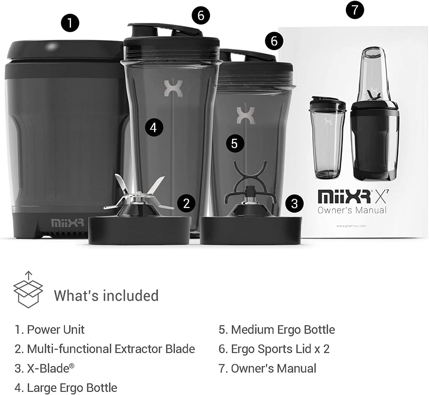 Promixx MiiXR X7 Smoothie Blender - with Performance Nutrition Protein Mixer X-Blade - Highly Efficient 700W - 7 Piece Set - Black-2