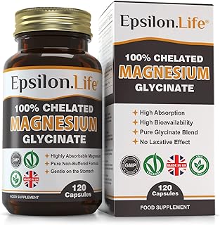 Epsilon Magnesium Glycinate Supplements - Chelated Magnesium Bisglycinate Supplement - 120 Easy to Take Vegan Capsules - 500mg Unbuffered Magnesium-Glycinate per Capsule - UK-Made