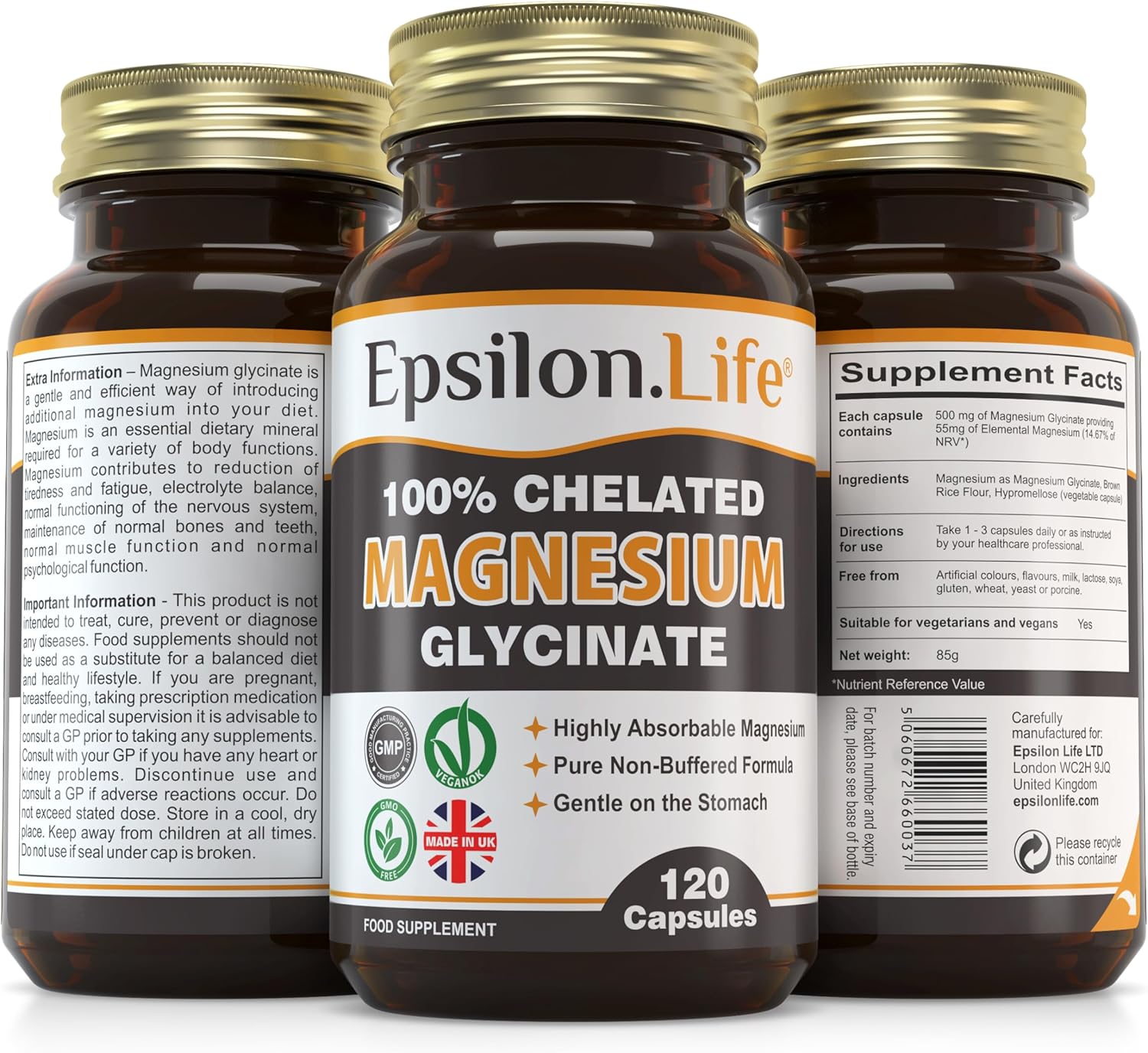 Epsilon Magnesium Glycinate Supplements - Chelated Magnesium Bisglycinate Supplement - 120 Easy to Take Vegan Capsules - 500mg Unbuffered Magnesium-Glycinate per Capsule - UK-Made-1