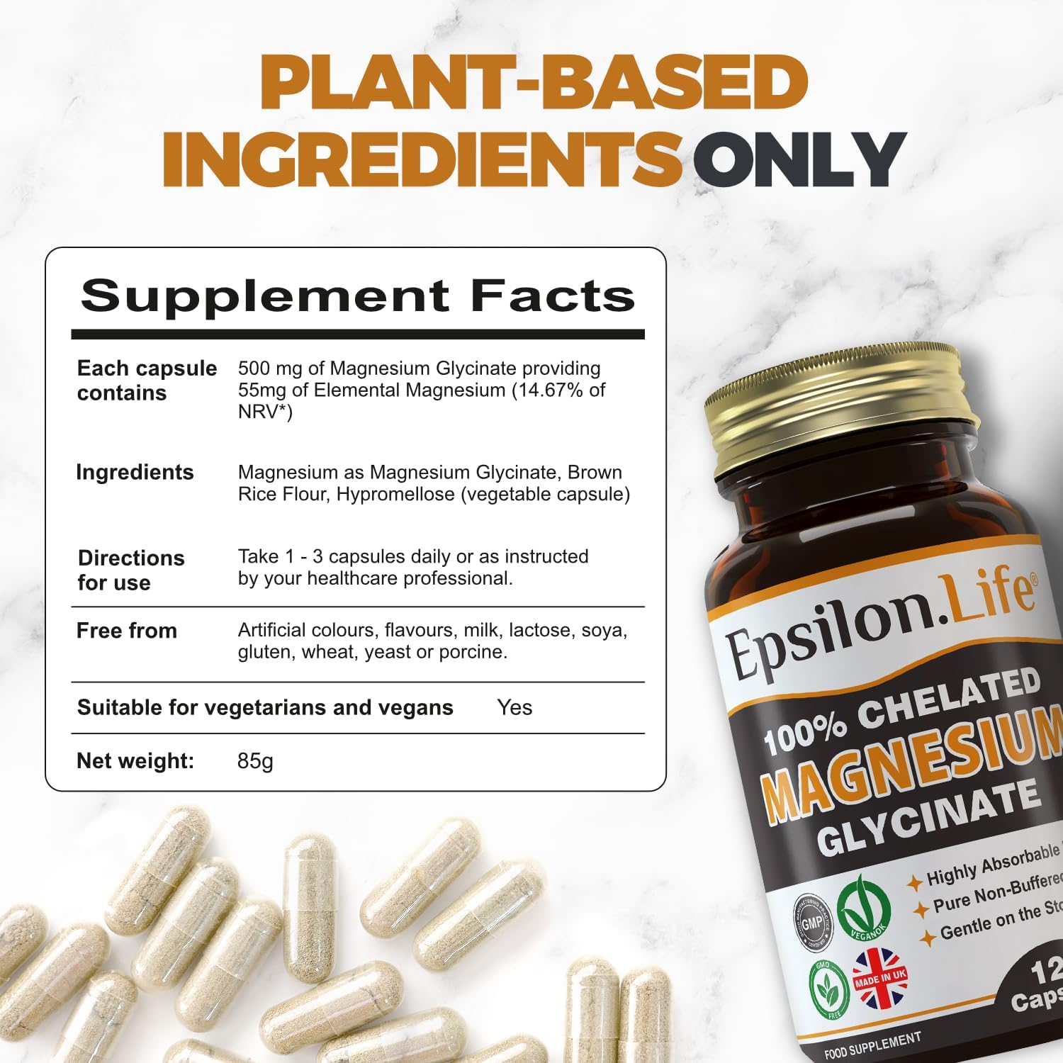 Epsilon Magnesium Glycinate Supplements - Chelated Magnesium Bisglycinate Supplement - 120 Easy to Take Vegan Capsules - 500mg Unbuffered Magnesium-Glycinate per Capsule - UK-Made-3