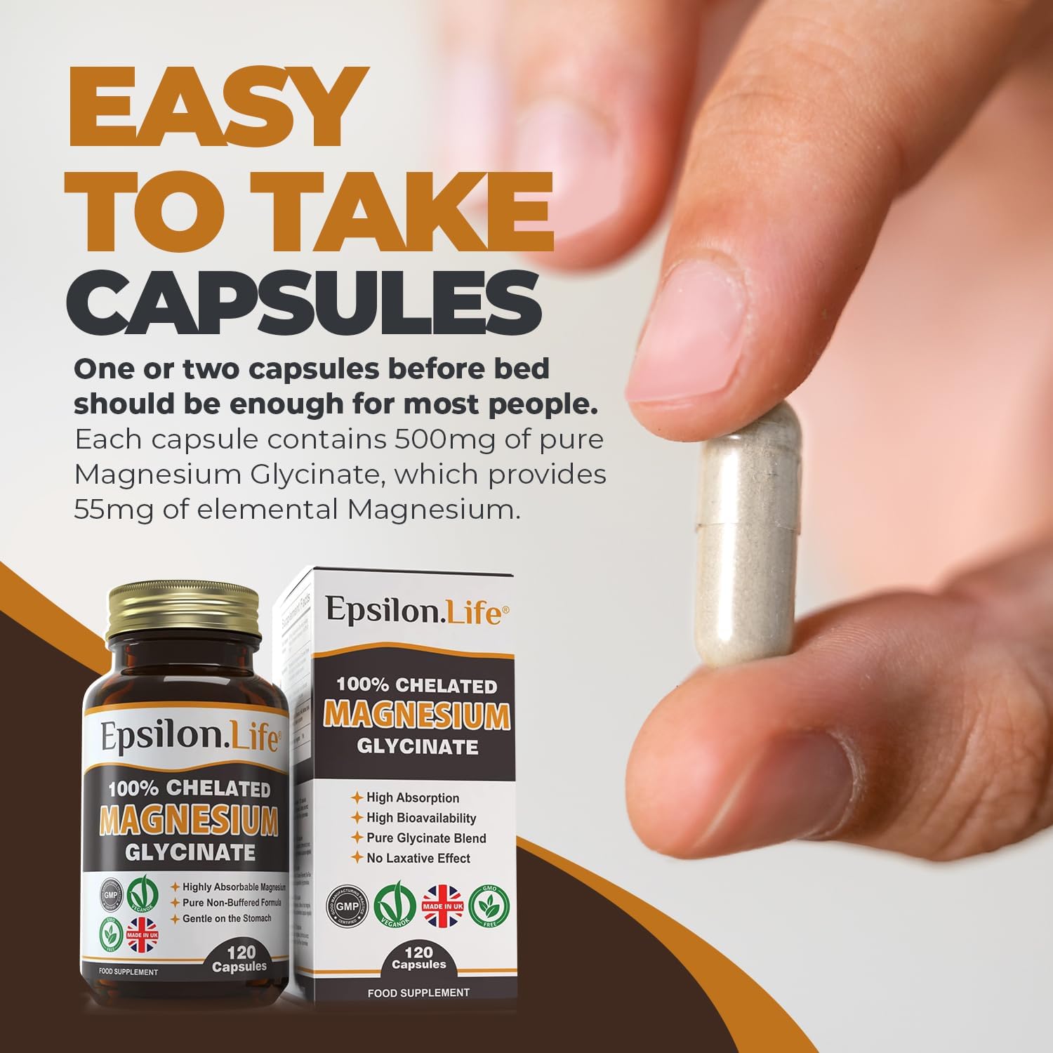 Epsilon Magnesium Glycinate Supplements - Chelated Magnesium Bisglycinate Supplement - 120 Easy to Take Vegan Capsules - 500mg Unbuffered Magnesium-Glycinate per Capsule - UK-Made-4