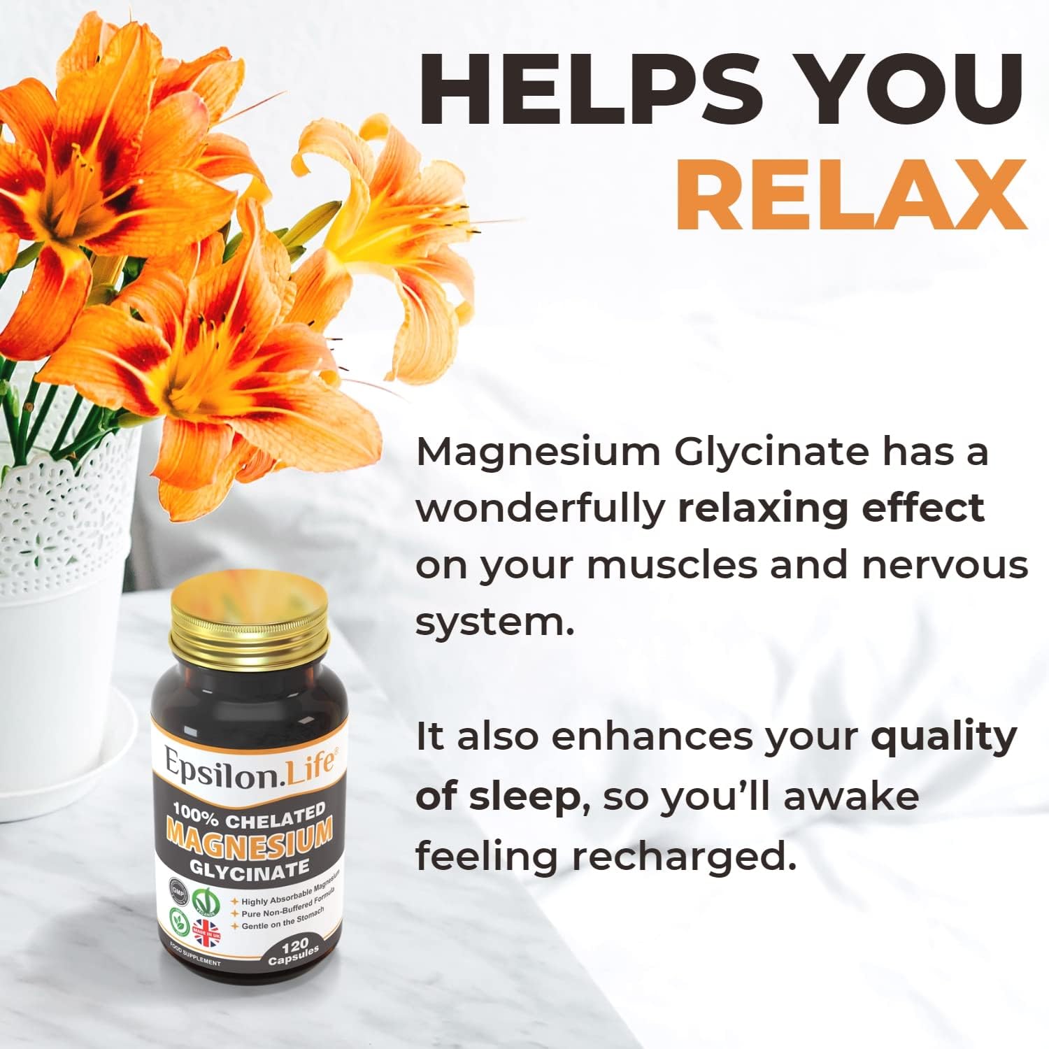 Epsilon Magnesium Glycinate Supplements - Chelated Magnesium Bisglycinate Supplement - 120 Easy to Take Vegan Capsules - 500mg Unbuffered Magnesium-Glycinate per Capsule - UK-Made-5