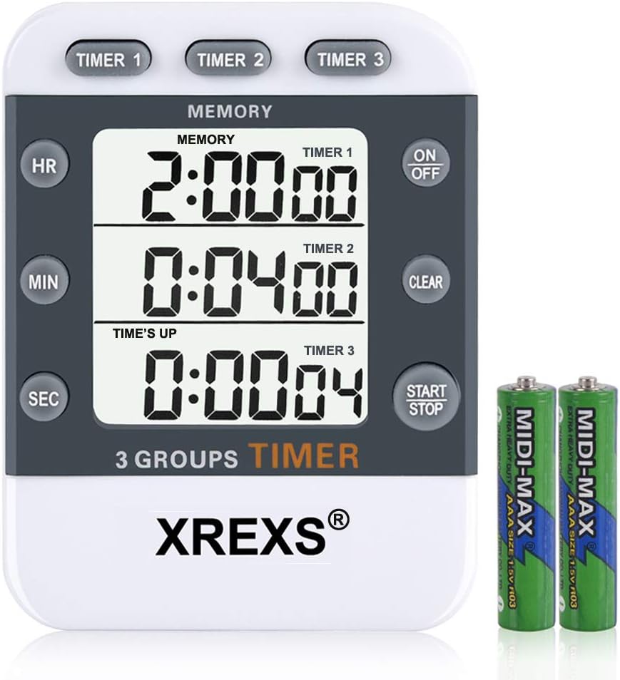 XREXS Digital Kitchen Timer, 3 Channels Magnetic Countdown Countup Timer, Large Display, Adjustable Volume Timers for Cooking with Magnetic Back, Stand, Lanyard (Battery Included)