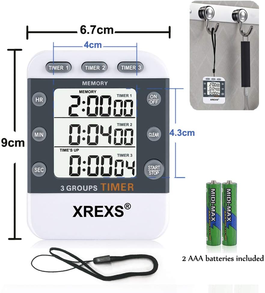 XREXS Digital Kitchen Timer, 3 Channels Magnetic Countdown Countup Timer, Large Display, Adjustable Volume Timers for Cooking with Magnetic Back, Stand, Lanyard (Battery Included)-1