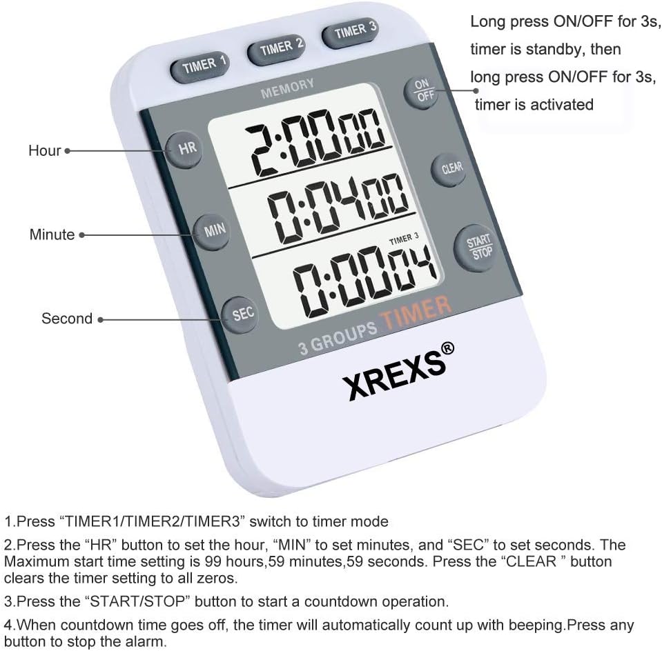 XREXS Digital Kitchen Timer, 3 Channels Magnetic Countdown Countup Timer, Large Display, Adjustable Volume Timers for Cooking with Magnetic Back, Stand, Lanyard (Battery Included)-2