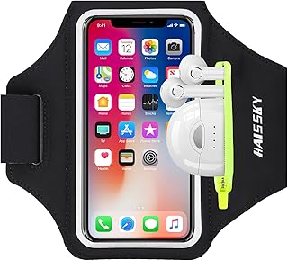 HAISSKY Running Armband with Earbuds Bag Sports Phone Armband for iPhone 15 Pro Max/14 Pro/13 Pro Max/12/12 Pro/11/XS/XR/X/8 Plus Sports Phone Holder Case with Zipper Pocket for Phones up to 6.9"