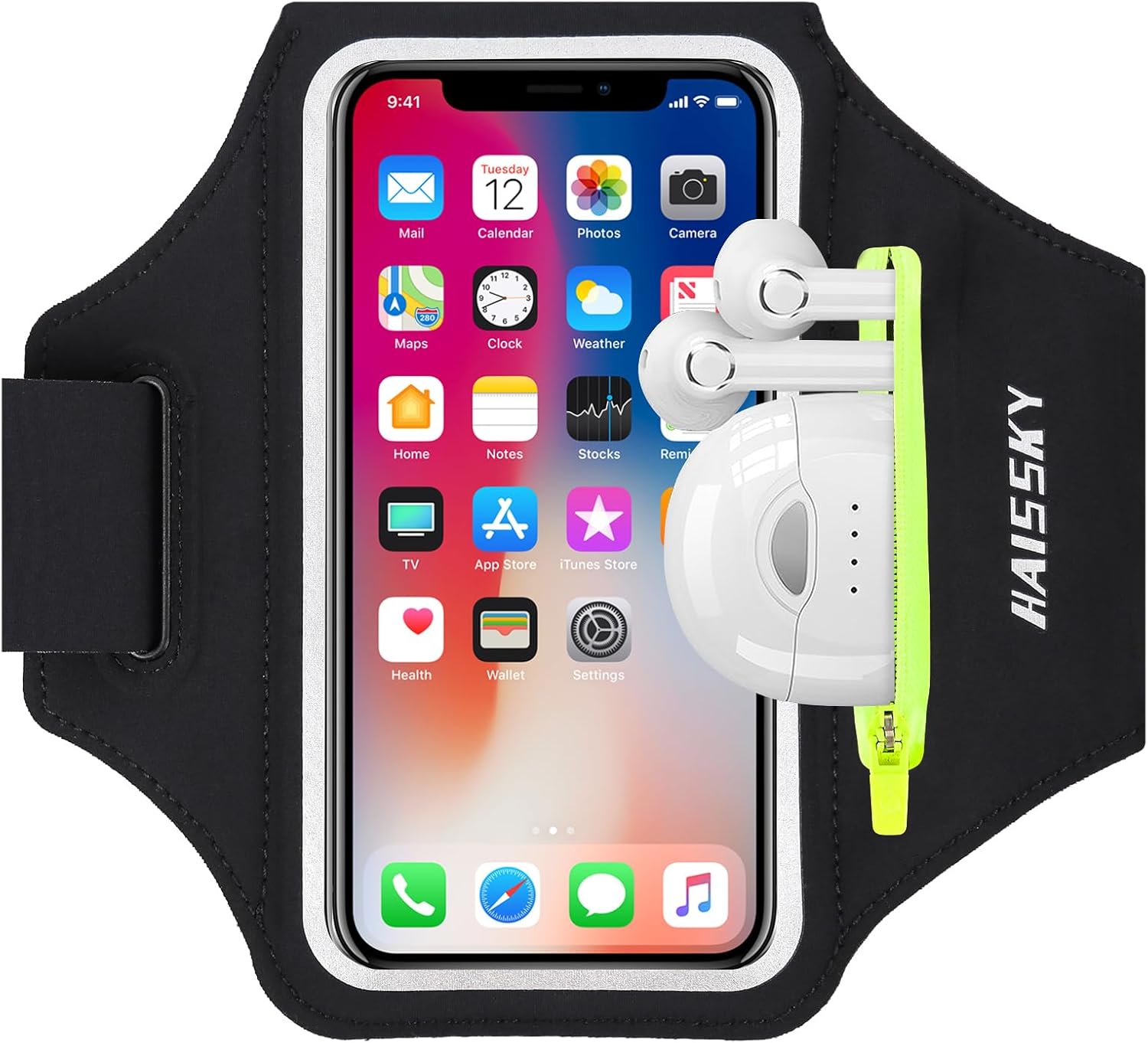 HAISSKY Running Armband with Earbuds Bag Sports Phone Armband for iPhone 15 Pro Max/14 Pro/13 Pro Max/12/12 Pro/11/XS/XR/X/8 Plus Sports Phone Holder Case with Zipper Pocket for Phones up to 6.9"-0