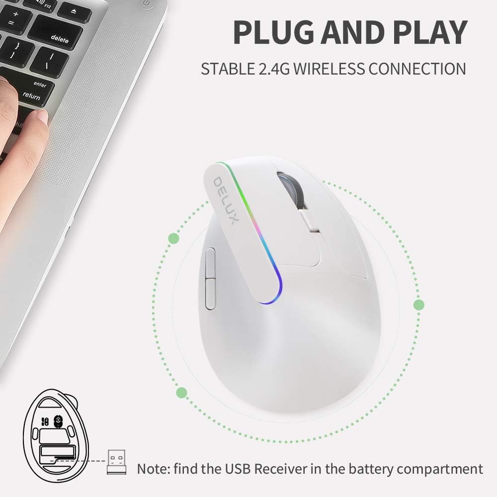 DeLUX Ergonomic Mouse Wireless, Vertical Mouse with 2.4G USB Receiver, 6 Buttons, 1600DPI, RGB Light, Ergo 57-degree Design for Carpal Tunnel, for PC/Laptop/Mac (M618C-White)-2