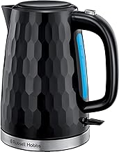 Russell Hobbs Honeycomb Electric 1.7L Cordless Kettle (Fast Boil 3KW, Black premium plastic, matt & high gloss finish, Removable washable anti-scale filter, Push button lid, Perfect pour spout) 26051