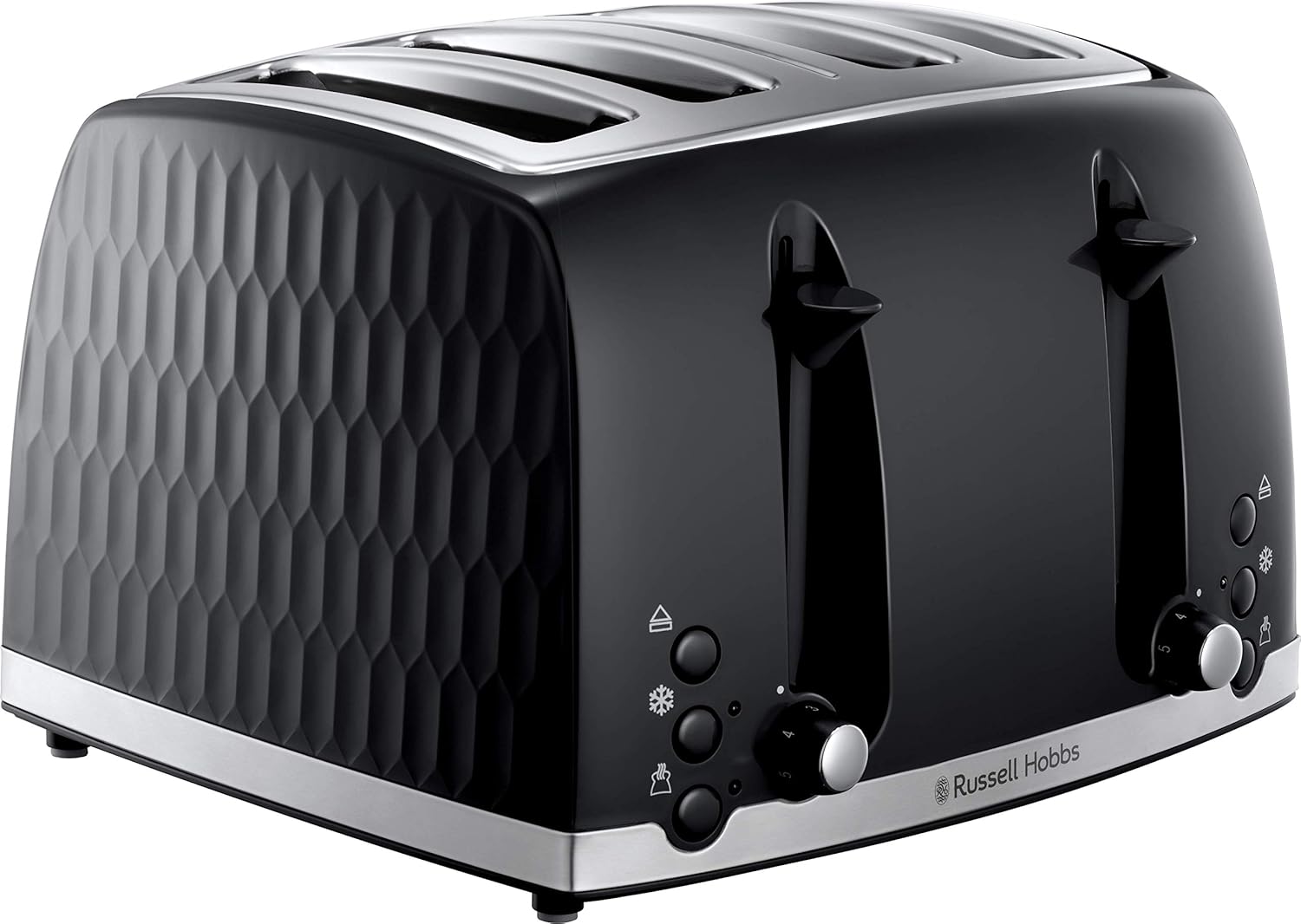 Russell Hobbs Honeycomb 4 Slice Toaster (Independent & Extra wide slots with high lift, 6 Browning levels, Frozen/Cancel/Reheat function, Removable crumb tray, 1500W, Black textured high gloss) 26071-0