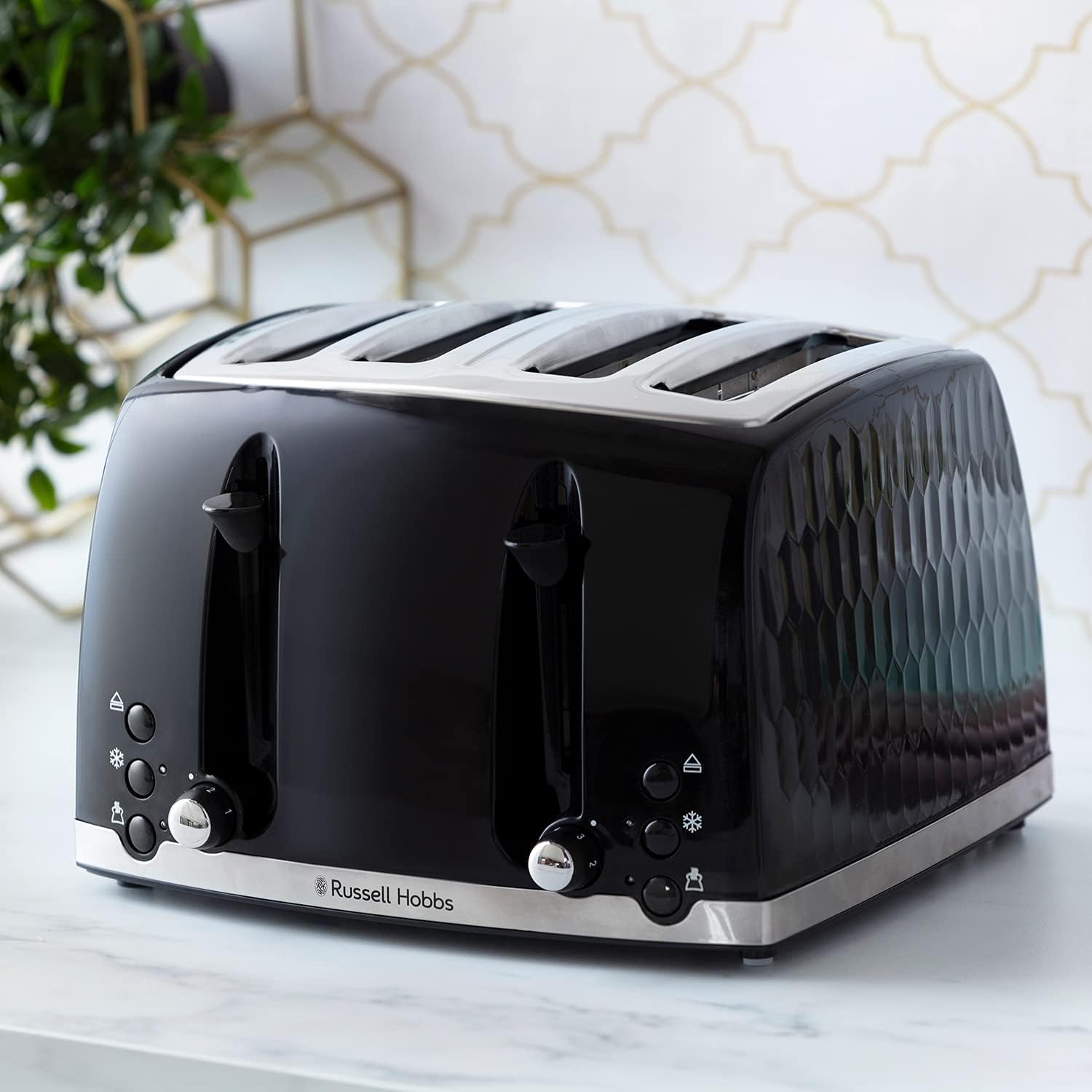 Russell Hobbs Honeycomb 4 Slice Toaster (Independent & Extra wide slots with high lift, 6 Browning levels, Frozen/Cancel/Reheat function, Removable crumb tray, 1500W, Black textured high gloss) 26071-2