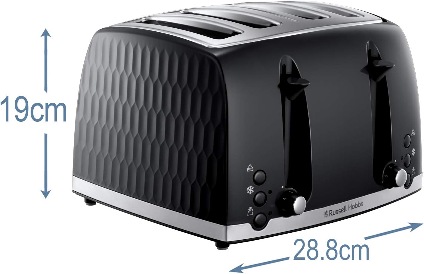 Russell Hobbs Honeycomb 4 Slice Toaster (Independent & Extra wide slots with high lift, 6 Browning levels, Frozen/Cancel/Reheat function, Removable crumb tray, 1500W, Black textured high gloss) 26071-7