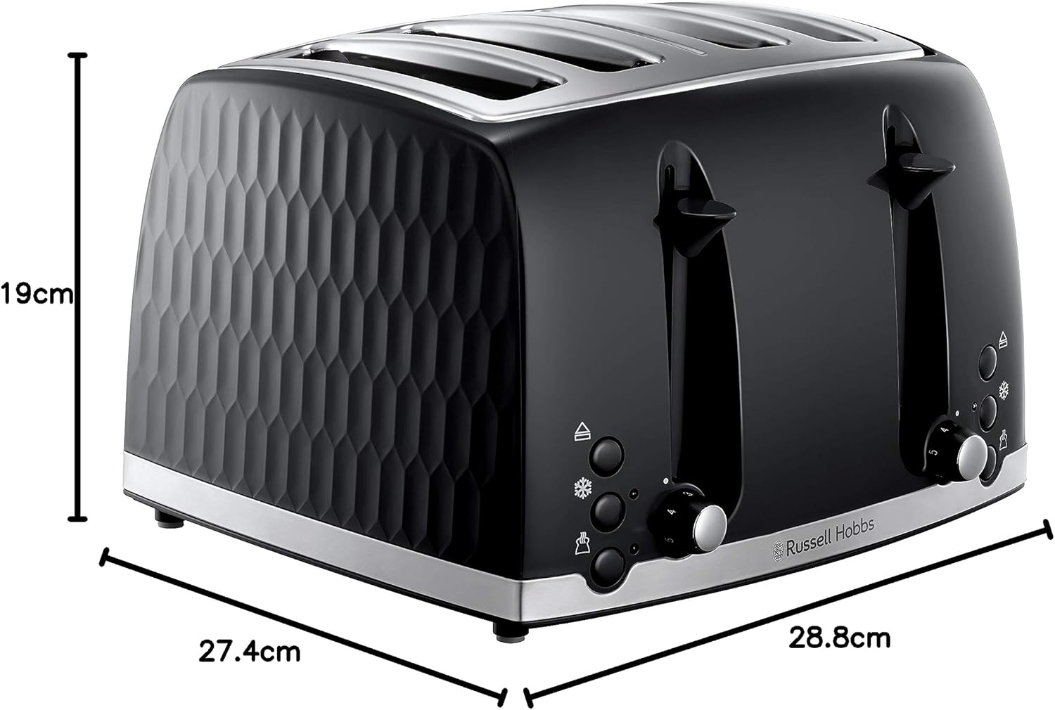 Russell Hobbs Honeycomb 4 Slice Toaster (Independent & Extra wide slots with high lift, 6 Browning levels, Frozen/Cancel/Reheat function, Removable crumb tray, 1500W, Black textured high gloss) 26071-8