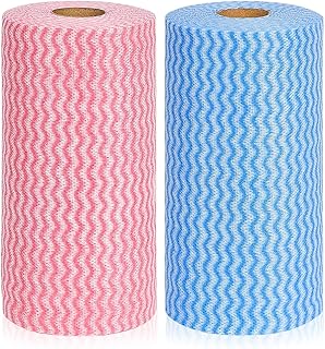 JEBBLAS J Cloths On a Roll Reusable Cleaning Cloth Dish Cloth Dish Towels All Purpose Cloths for Kitchen, Pack of 2 Roll, 200 Pcs Per Roll, Blue and Red