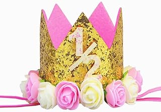 MINGZE Baby Princess Tiara Crown, Baby Girls/Kids First Birthday Hat Sparkle Gold Flower Style with Golden Flash Piece And Pink & White Artificial Rose Flower (1/2)