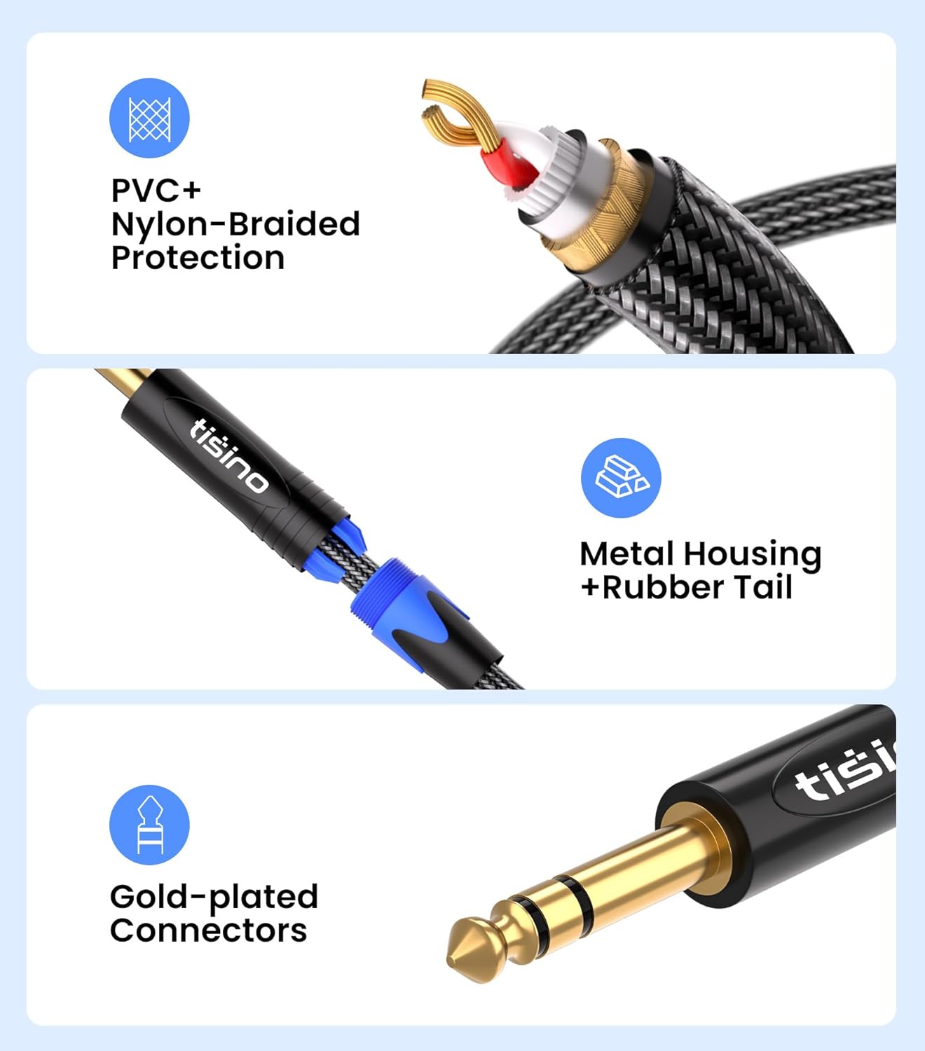 Tisino 6.35mm Jack TRS Cable, Nylon Braid Heavy Duty 6.35 mm 1/4" Stereo Jack Male to Male Balanced Audio Lead Cord - 1m-6