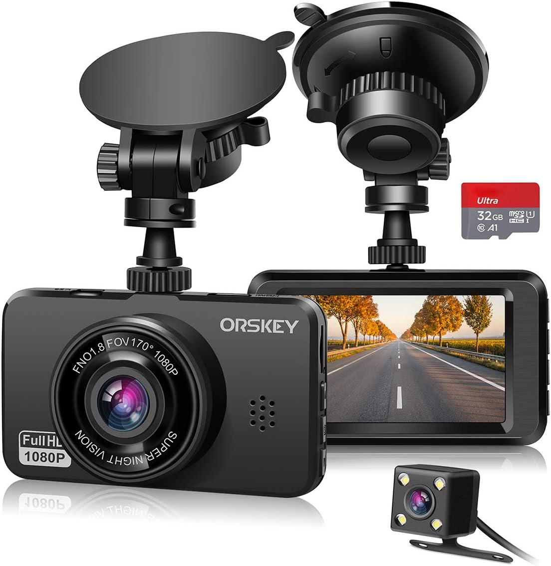 ORSKEY Dash Cam for Cars Front and Rear and SD Card Included 1080P Full HD In Car Camera Dual Lens Dashcam for Cars 170 Wide Angle Sony Sensor with Loop Recording and G-sensor-0