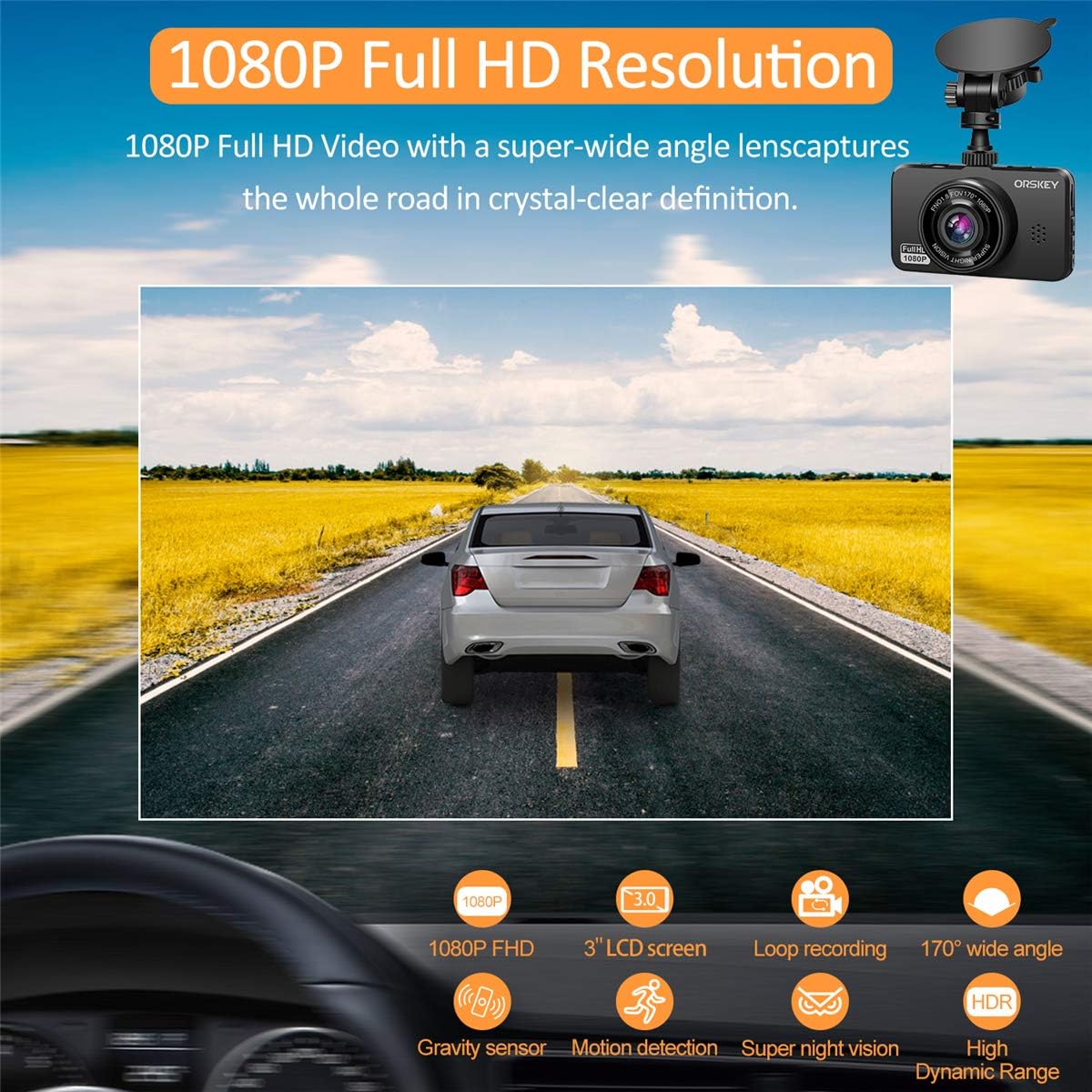 ORSKEY Dash Cam for Cars Front and Rear and SD Card Included 1080P Full HD In Car Camera Dual Lens Dashcam for Cars 170 Wide Angle Sony Sensor with Loop Recording and G-sensor-1