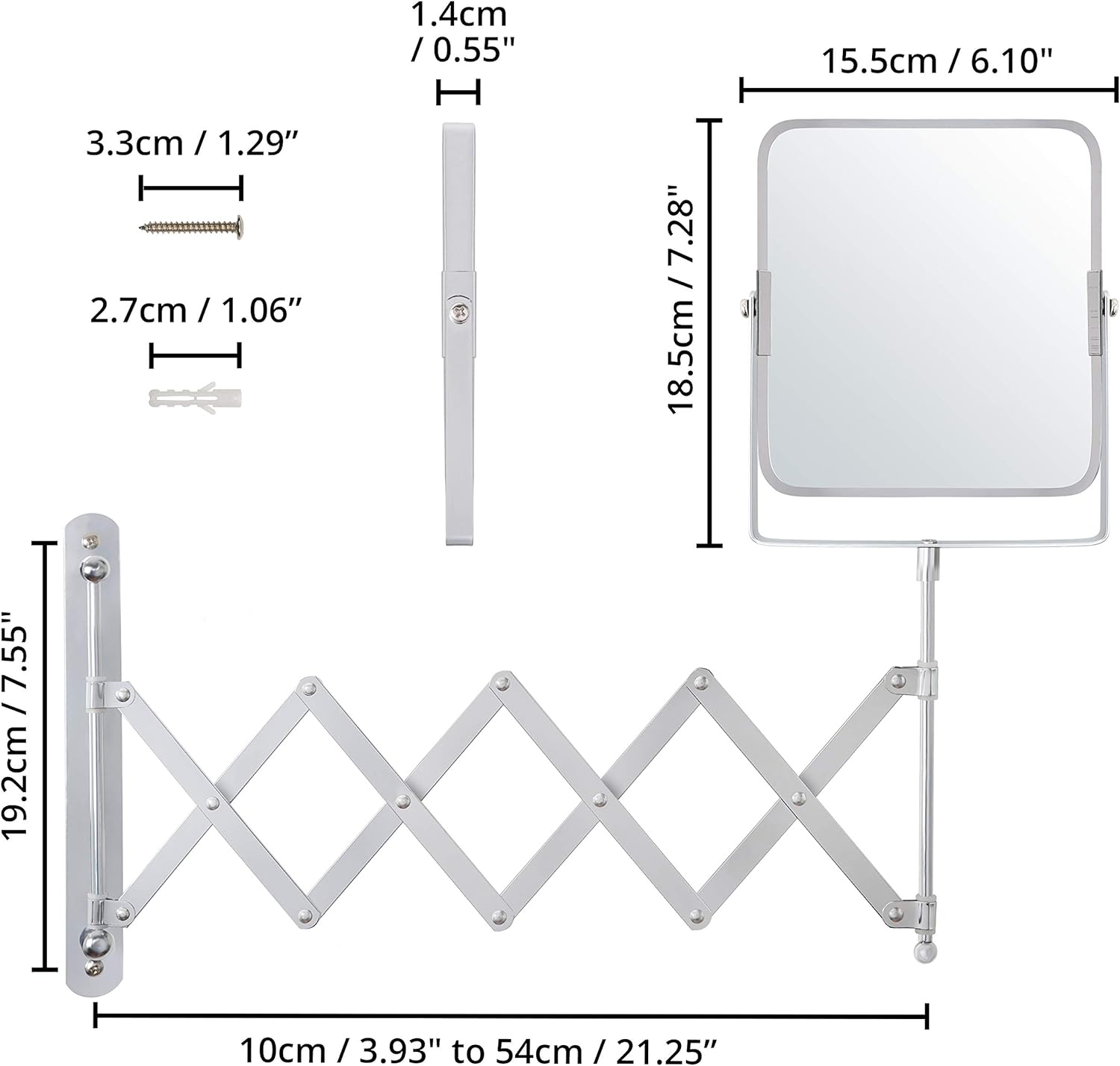 BELLE VOUS Chrome Wall Mounted Extendable 360° Swivel Mirror - 3X Magnification - 15.5 x 18.5cm/6.1 x 7.3 inches - Double Sided Rotating Stainless Steel Bathroom Vanity Mirror for Makeup and Shaving-1