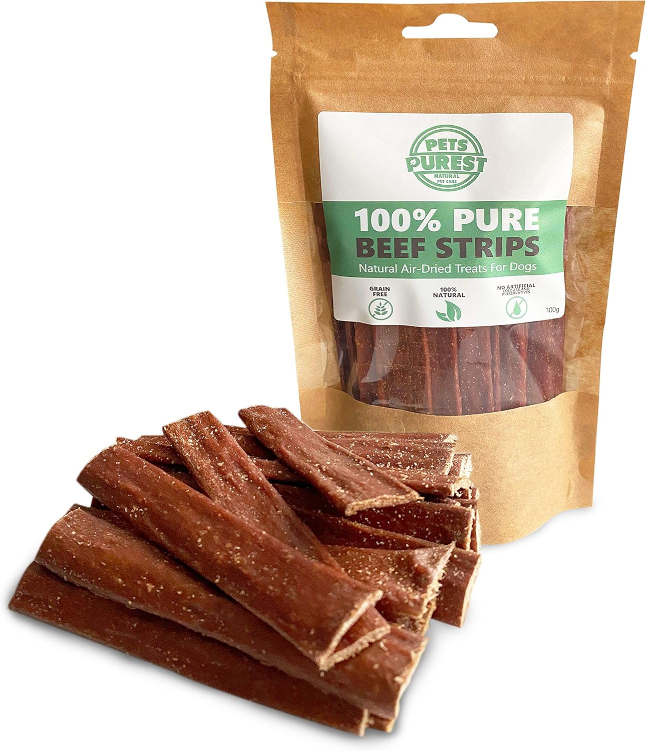 Pets Purest Dog Treats Beef Strips UK - 100% Natural Air-Dried Chews for Dogs, Puppy & Senior. Pure Healthy Hypoallergenic Grain, Gluten & Lactose Free Raw Pet Food Sticks - 100g-0