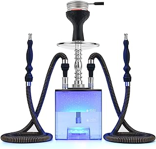 Hookah Set with Everything - Kitosun Updated Cube Modern Shisha include Vulcan HMD Silicone Phunnel Bowl Silk Pipe Coal Tongs Remote LED Light for Great Smoking | Easy Cleaning Easy Inhale 2 Hoses