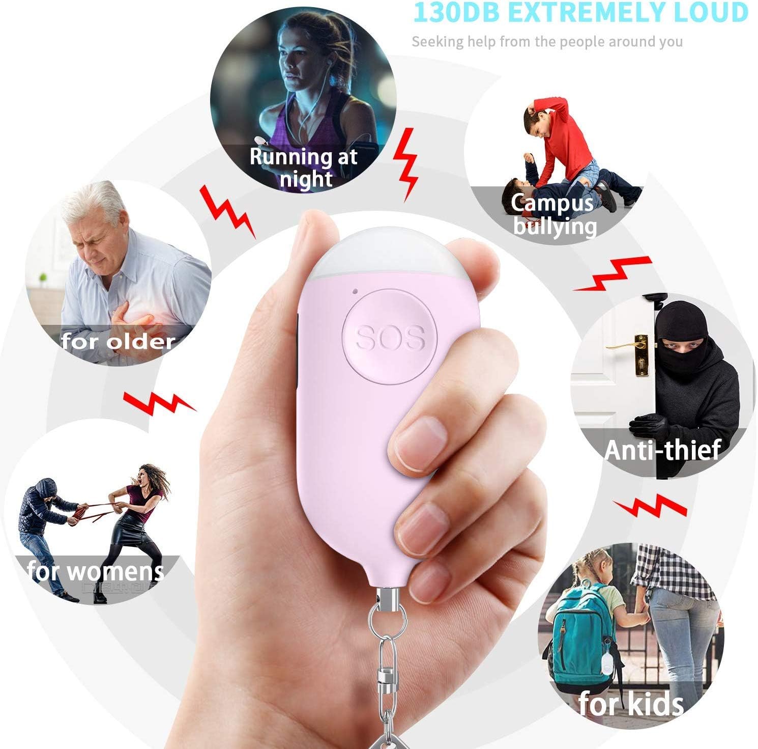 Safesound Personal Alarm for Women with LED Flashlight. Rechargeable, Waterproof, Pink, Small Police Approved Panic & Rape Alarm with Keyring for Students, Elderly, Girls & Kids-1