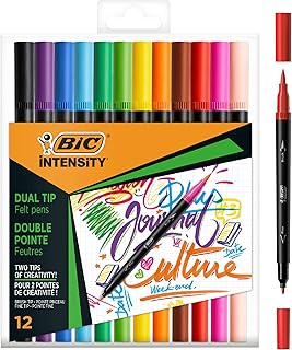 Bic Intensity Felt Tip Pens, Dual Tips with Fine and Brush Tips, Vibrant Colouring Pens, School Supplies for Kids or Adults, 12 Pack