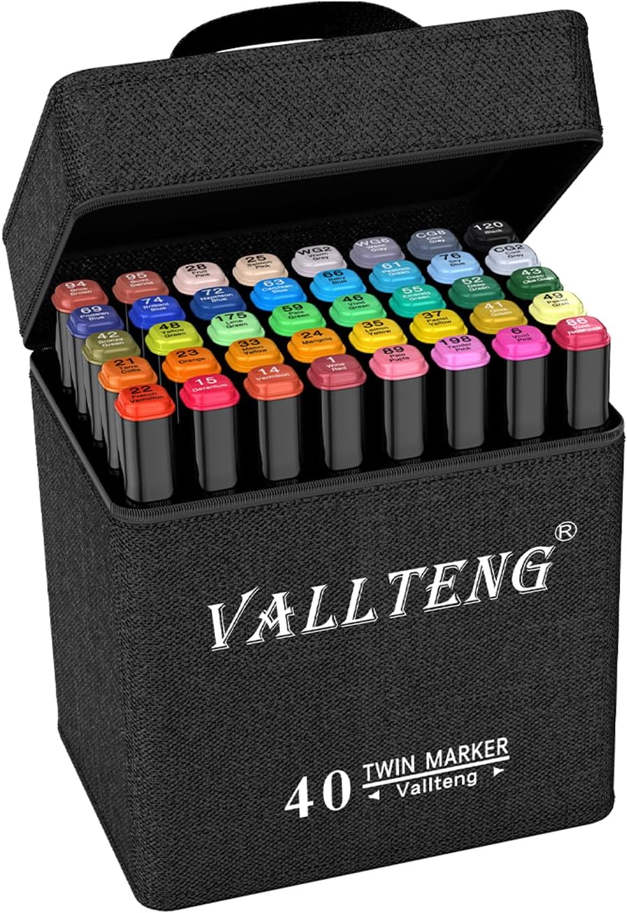 Vallteng 40 Colours Graphic Marker Pen,Artist Necessary Permanent Art Markers Twin Marker Pen Animation Design for Drawing Coloring Highlighting and Underlining, black-0