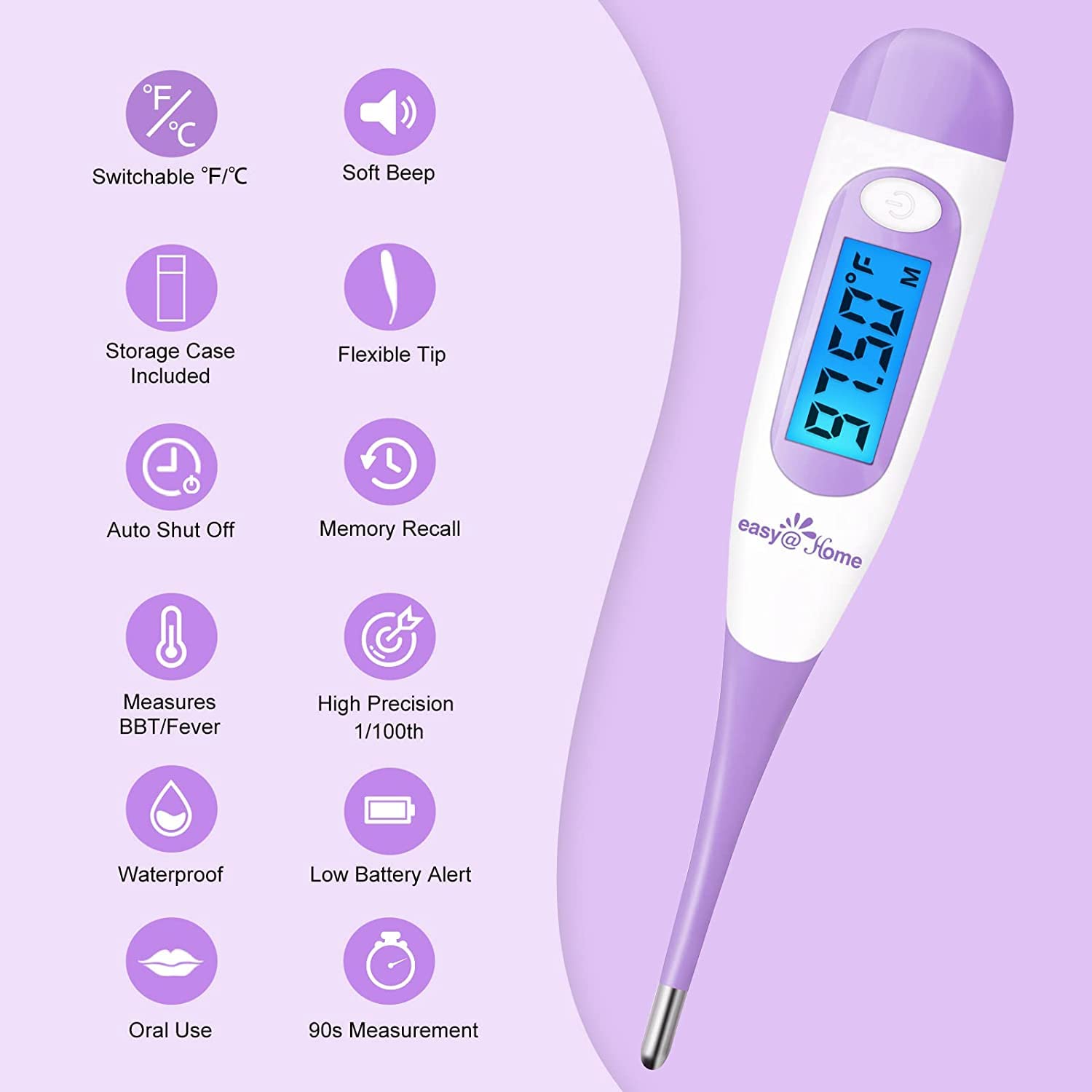 Digital Basal Thermometer Ovulation with Backlight LCD Display, Premom APP(NOT Bluetooth), 1/100th Degree High Precision, Memory Recall, Ovulation Tracking, Charting & Natural Family Planning, Purple-1