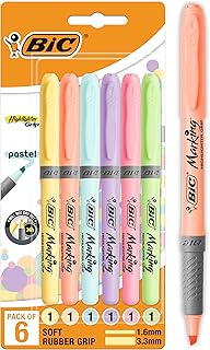 Bic Highlighter Grip Pastel, Highlighter Pens with Adjustable Chisel Tip, Rubber Grip for Extra Comfort, Assorted Colours, Pack of 6