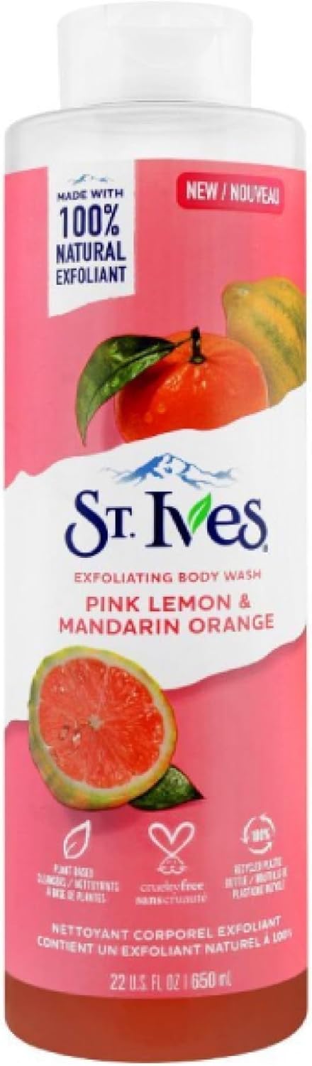 St. Ives Radiant Skin Exfoliating Shower Gel (650ml) Pink Lemon and Mandarin Orange Made with Plant-Based Cleansers & 100% Natural Extracts 16 oz Body Wash-0