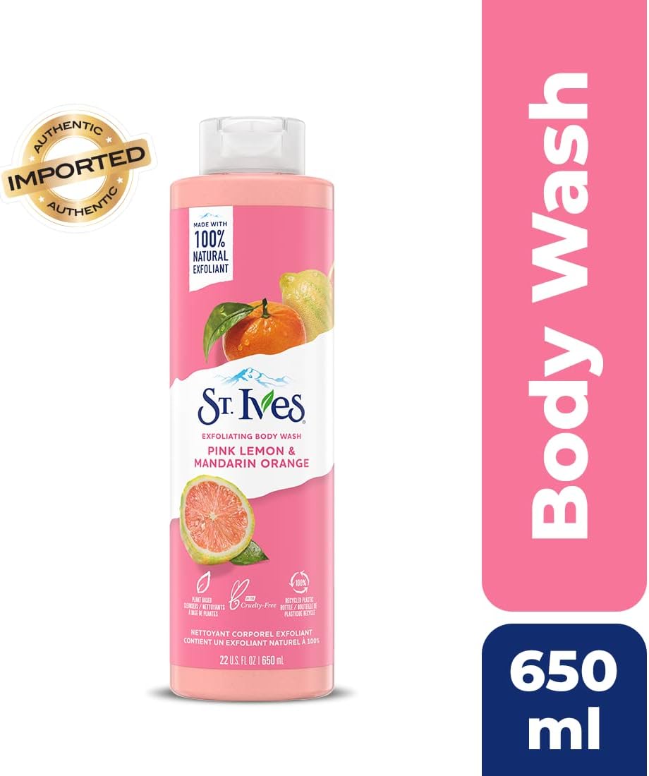 St. Ives Radiant Skin Exfoliating Shower Gel (650ml) Pink Lemon and Mandarin Orange Made with Plant-Based Cleansers & 100% Natural Extracts 16 oz Body Wash-1