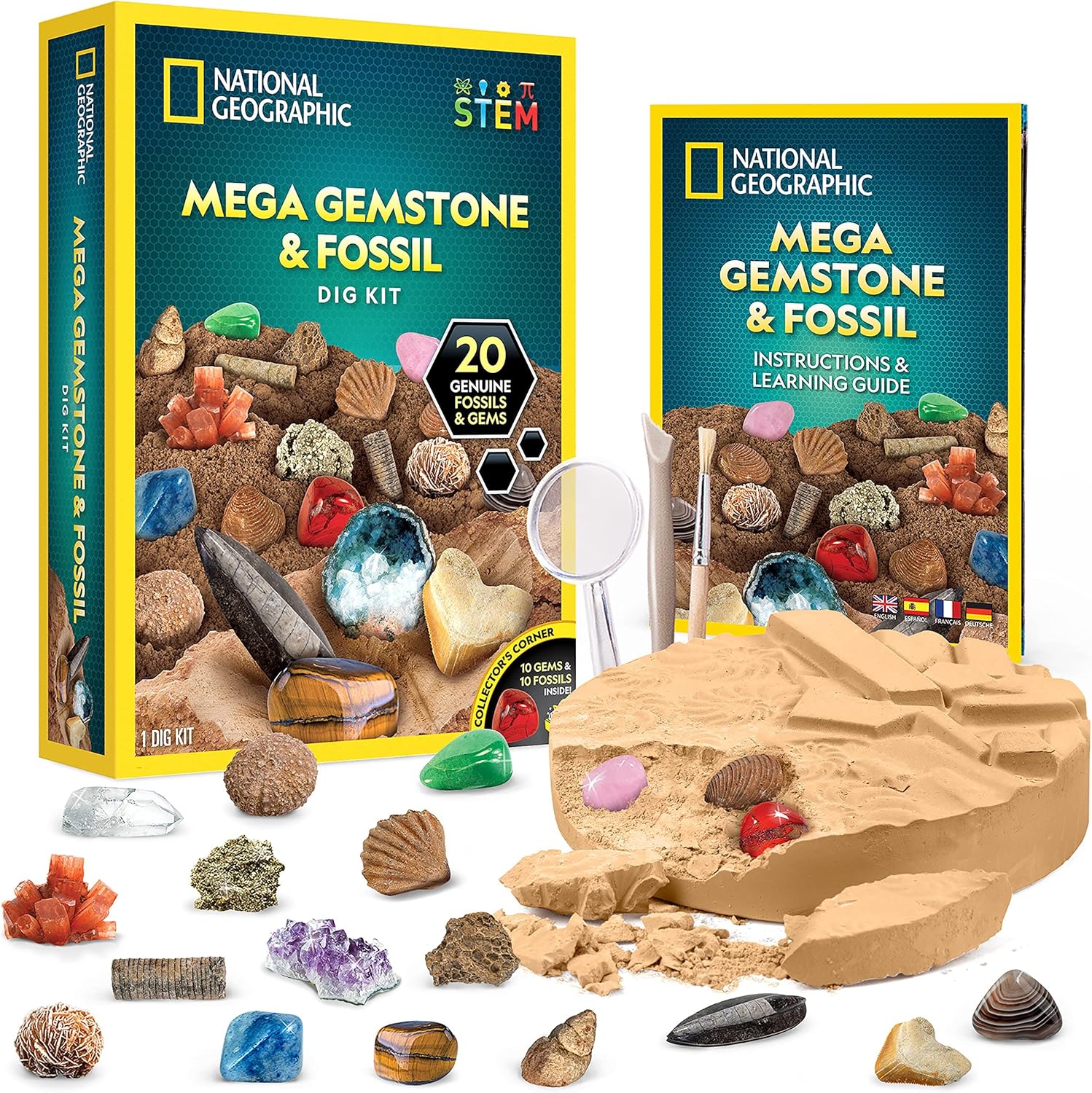 NATIONAL GEOGRAPHIC Mega Fossil and Gemstone Dig Kit - Excavate 20 Real Fossils and Gems, Science Kit for Kids, Rock Digging Excavation Kit, Geology Gifts for Boys and Girls (Amazon Exclusive)-0