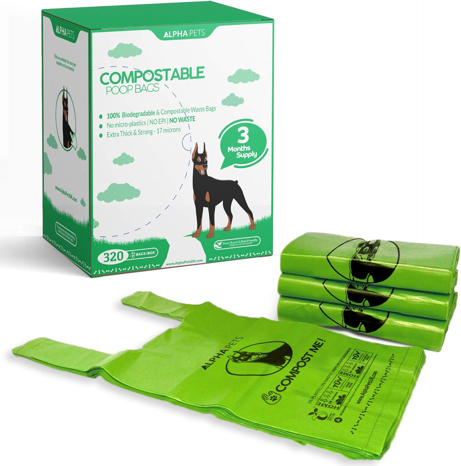 Alpha Pets Compostable Dog Poo Bags With Easy-Tie Handles - 320 Medium-Large Biodegradable Cornstarch Pet Waste Bags - 3 Month Supply With Dispenser Box-0