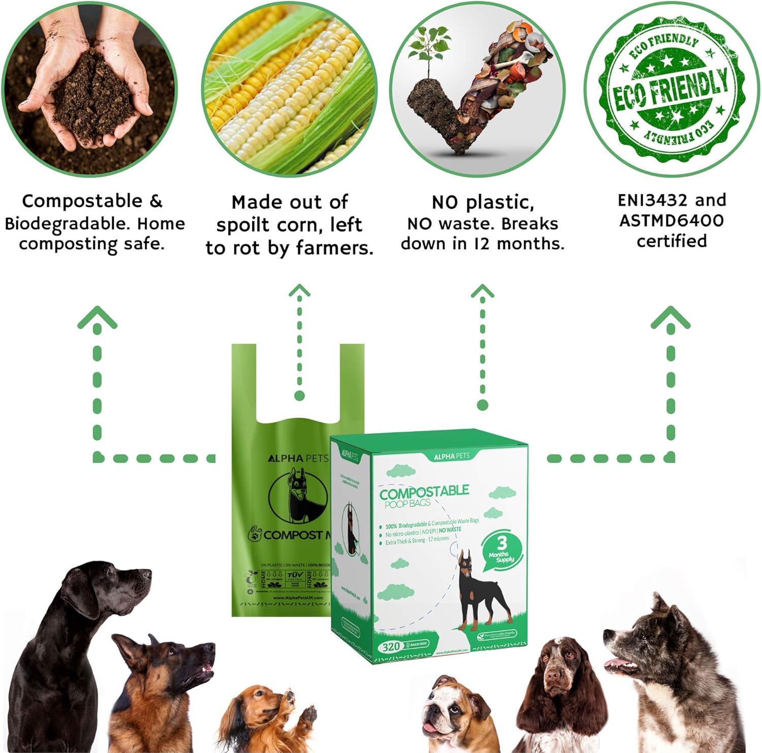 Alpha Pets Compostable Dog Poo Bags With Easy-Tie Handles - 320 Medium-Large Biodegradable Cornstarch Pet Waste Bags - 3 Month Supply With Dispenser Box-1