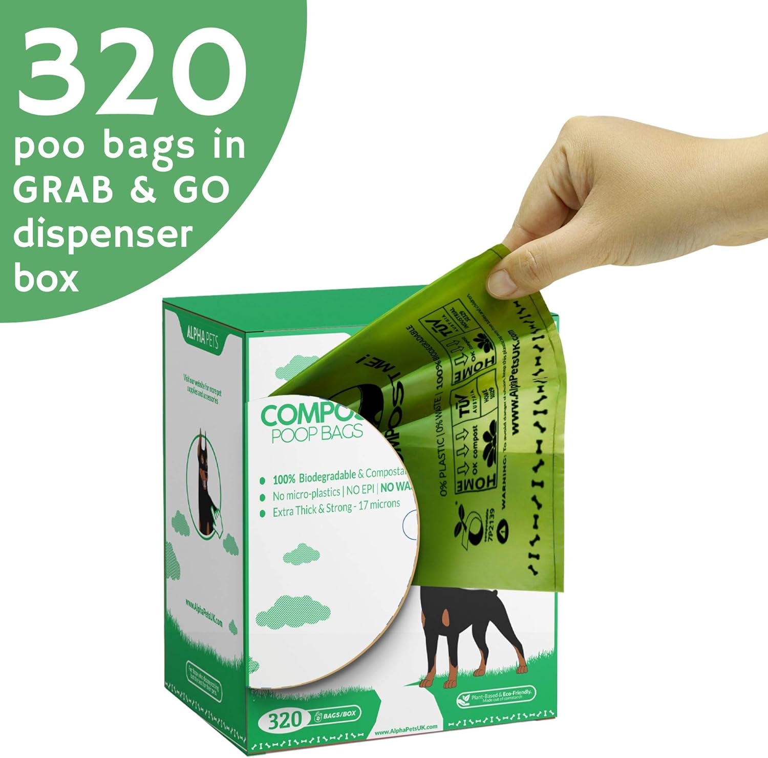 Alpha Pets Compostable Dog Poo Bags With Easy-Tie Handles - 320 Medium-Large Biodegradable Cornstarch Pet Waste Bags - 3 Month Supply With Dispenser Box-2