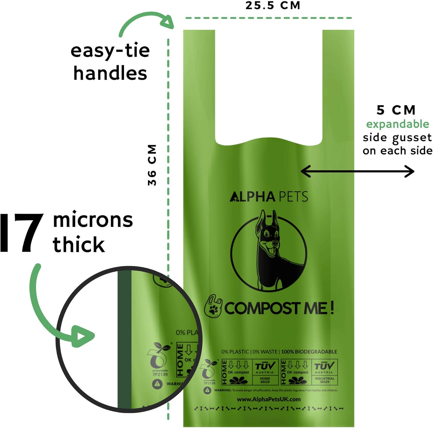 Alpha Pets Compostable Dog Poo Bags With Easy-Tie Handles - 320 Medium-Large Biodegradable Cornstarch Pet Waste Bags - 3 Month Supply With Dispenser Box-3