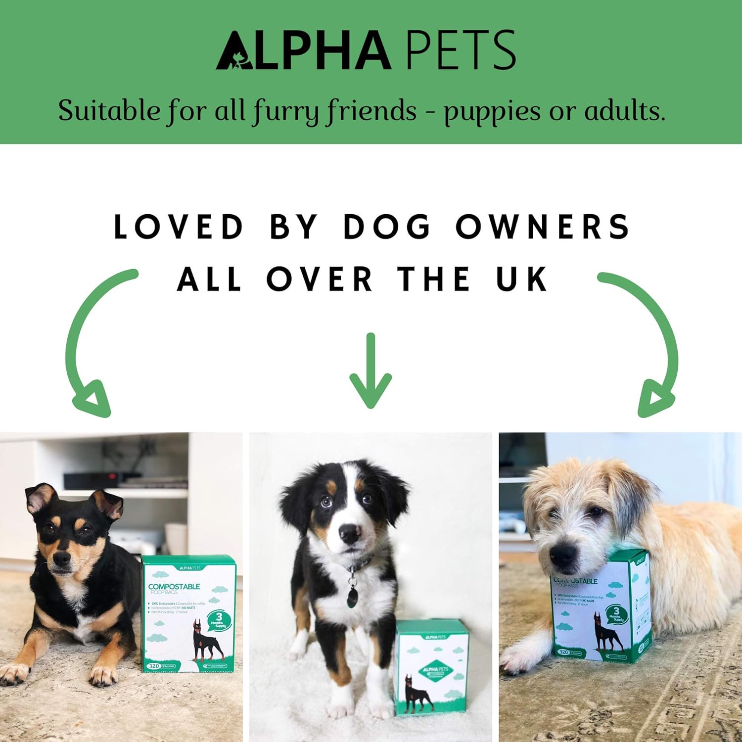 Alpha Pets Compostable Dog Poo Bags With Easy-Tie Handles - 320 Medium-Large Biodegradable Cornstarch Pet Waste Bags - 3 Month Supply With Dispenser Box-4